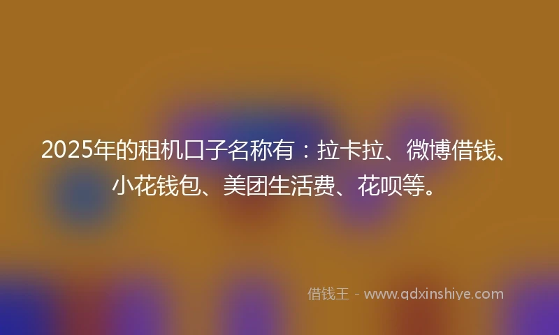 2025年的租机口子名称有：拉卡拉、微博借钱、小花钱包、美团生活费、花呗等。