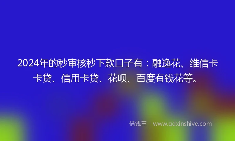 2024年的秒审核秒下款口子有：融逸花、维信卡卡贷、信用卡贷、花呗、百度有钱花等。