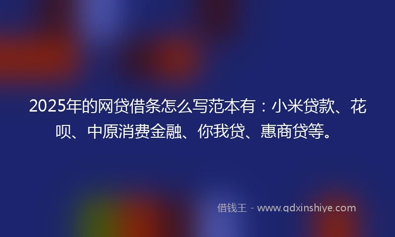 2025年的网贷借条怎么写范本有：小米贷款、花呗、中原消费金融、你我贷、惠商贷等。