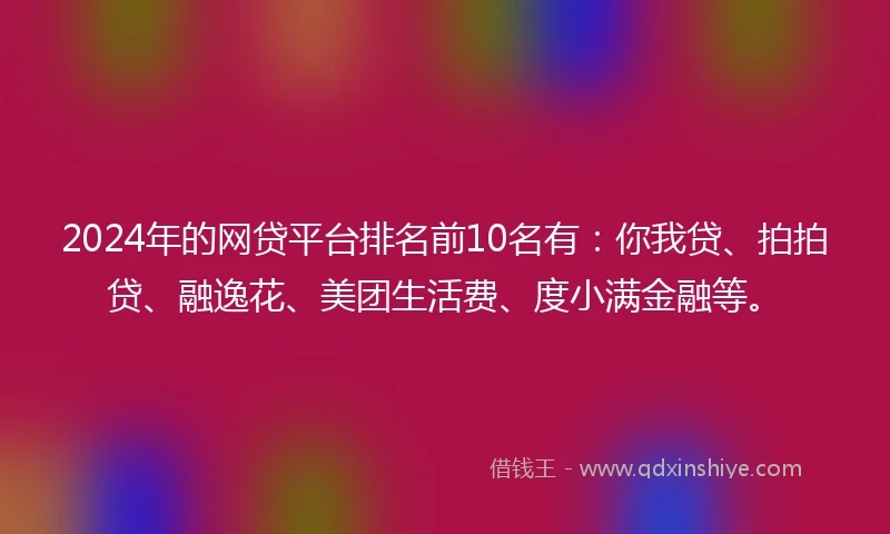 2024年的网贷平台排名前10名有：你我贷、拍拍贷、融逸花、美团生活费、度小满金融等。