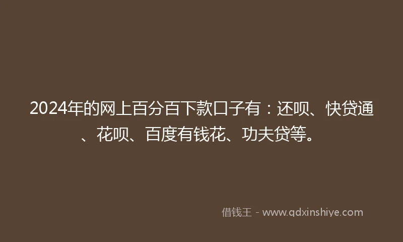 2024年的网上百分百下款口子有：还呗、快贷通、花呗、百度有钱花、功夫贷等。