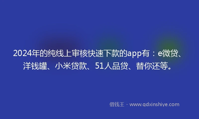 2024年的纯线上审核快速下款的app有：e微贷、洋钱罐、小米贷款、51人品贷、替你还等。