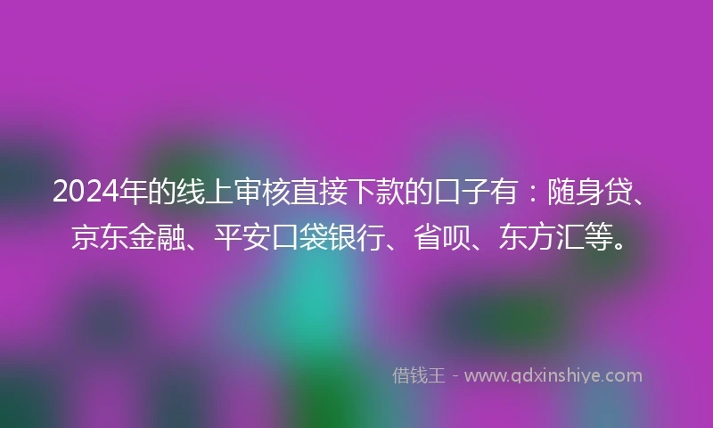 2024年的线上审核直接下款的口子有：随身贷、京东金融、平安口袋银行、省呗、东方汇等。