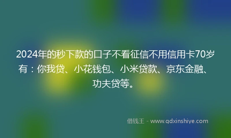 2024年的秒下款的口子不看征信不用信用卡70岁有:你我贷、小花钱包、小米贷款、京东金融、功夫贷等。