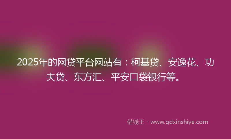 2025年的网贷平台网站有:柯基贷、安逸花、功夫贷、东方汇、平安口袋银行等。