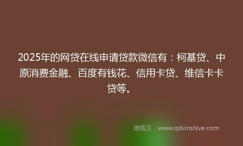2025年的网贷在线申请贷款微信有：柯基贷、中原消费金融、百度有钱花、信用卡贷、维信卡卡贷等。