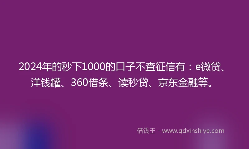 2024年的秒下1000的口子不查征信有：e微贷、洋钱罐、360借条、读秒贷、京东金融等。