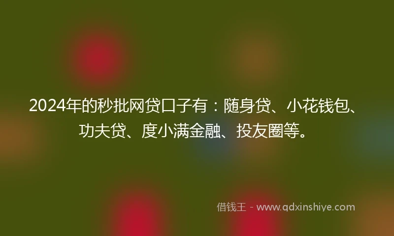 2024年的秒批网贷口子有：随身贷、小花钱包、功夫贷、度小满金融、投友圈等。