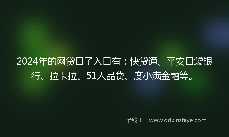 2024年的网贷口子入口有：快贷通、平安口袋银行、拉卡拉、51人品贷、度小满金融等。