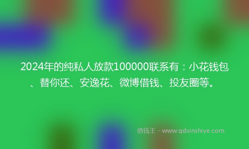 2024年的纯私人放款100000联系有：小花钱包、替你还、安逸花、微博借钱、投友圈等。