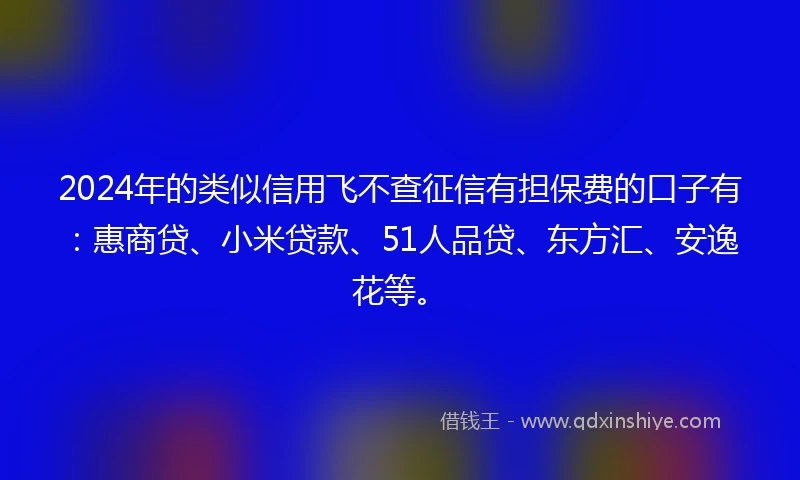 2024年的类似信用飞不查征信有担保费的口子有：惠商贷、小米贷款、51人品贷、东方汇、安逸花等。