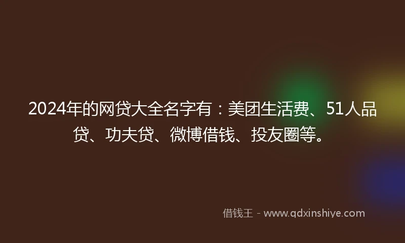 2024年的网贷大全名字有：美团生活费、51人品贷、功夫贷、微博借钱、投友圈等。