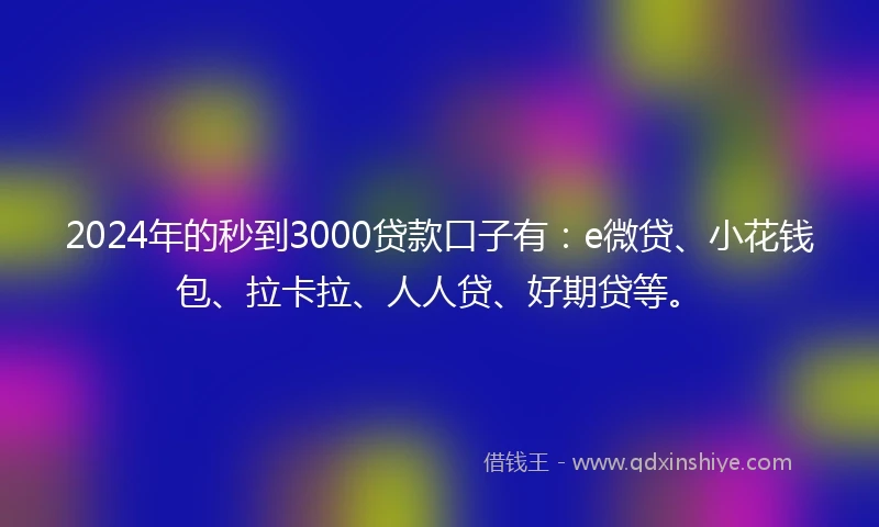 2024年的秒到3000贷款口子有：e微贷、小花钱包、拉卡拉、人人贷、好期贷等。