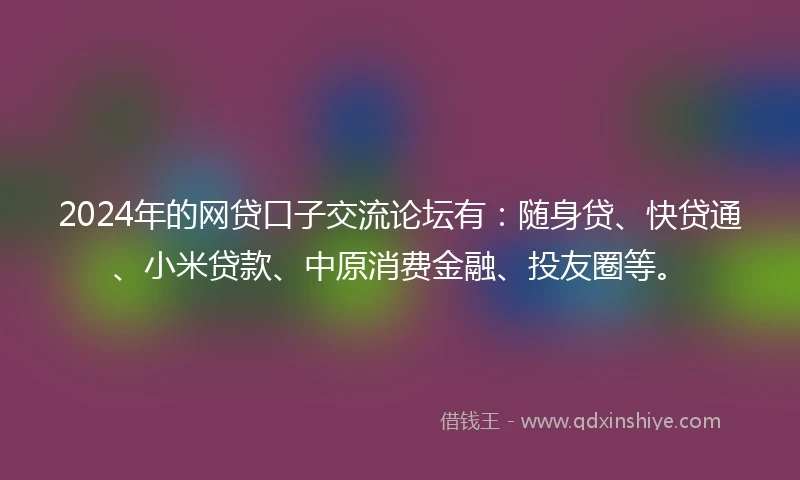 2024年的网贷口子交流论坛有：随身贷、快贷通、小米贷款、中原消费金融、投友圈等。