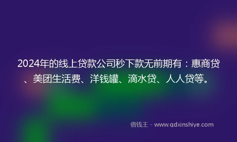2024年的线上贷款公司秒下款无前期有：惠商贷、美团生活费、洋钱罐、滴水贷、人人贷等。