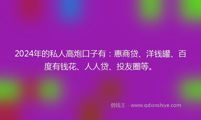 2024年的私人高炮口子有：惠商贷、洋钱罐、百度有钱花、人人贷、投友圈等。