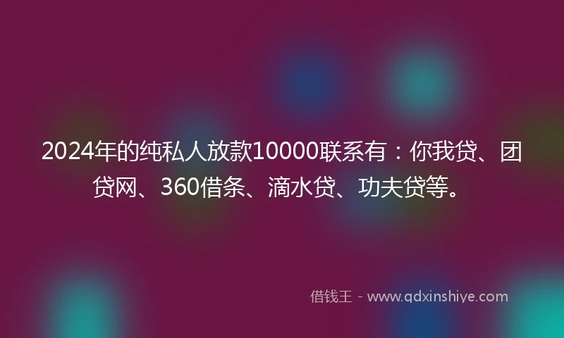 2024年的纯私人放款10000联系有：你我贷、团贷网、360借条、滴水贷、功夫贷等。