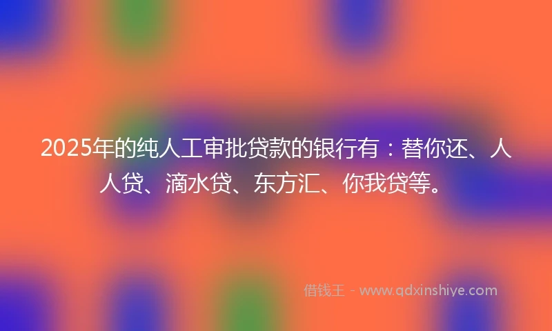 2025年的纯人工审批贷款的银行有：替你还、人人贷、滴水贷、东方汇、你我贷等。
