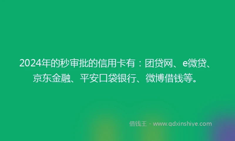 2024年的秒审批的信用卡有：团贷网、e微贷、京东金融、平安口袋银行、微博借钱等。