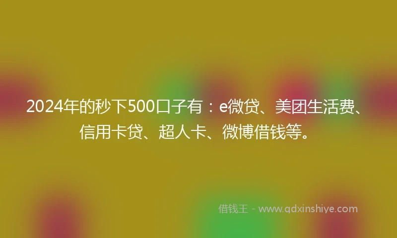 2024年的秒下500口子有：e微贷、美团生活费、信用卡贷、超人卡、微博借钱等。