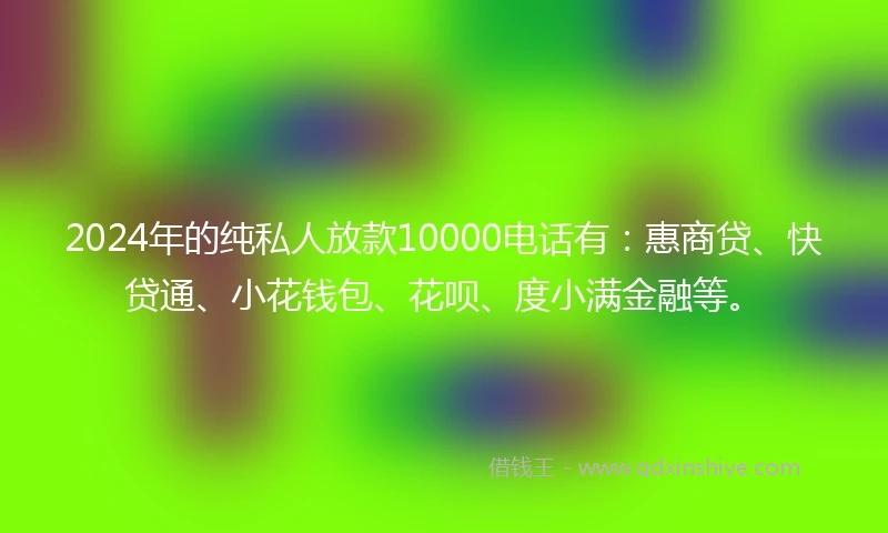 2024年的纯私人放款10000电话有：惠商贷、快贷通、小花钱包、花呗、度小满金融等。