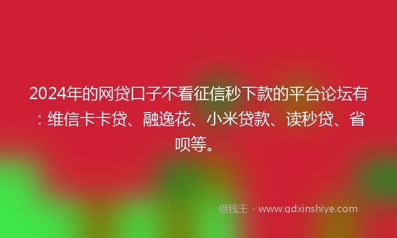 2024年的网贷口子不看征信秒下款的平台论坛有：维信卡卡贷、融逸花、小米贷款、读秒贷、省呗等。