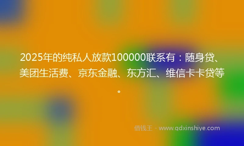 2025年的纯私人放款100000联系有：随身贷、美团生活费、京东金融、东方汇、维信卡卡贷等。