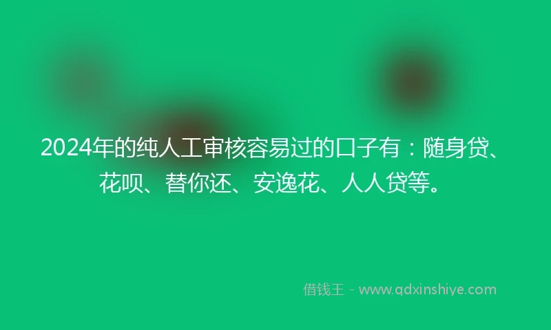 2024年的纯人工审核容易过的口子有：随身贷、花呗、替你还、安逸花、人人贷等。