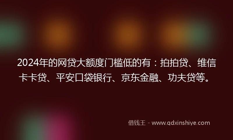 2024年的网贷大额度门槛低的有：拍拍贷、维信卡卡贷、平安口袋银行、京东金融、功夫贷等。