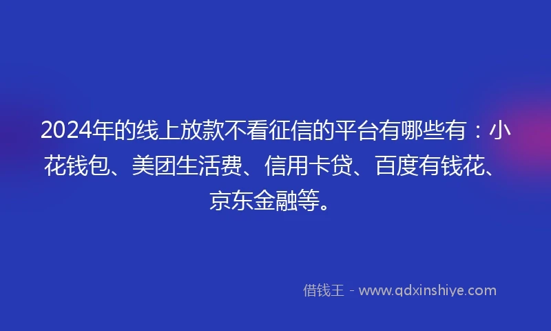 2024年的线上放款不看征信的平台有哪些有：小花钱包、美团生活费、信用卡贷、百度有钱花、京东金融等。