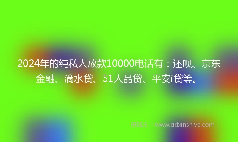 2024年的纯私人放款10000电话有：还呗、京东金融、滴水贷、51人品贷、平安i贷等。