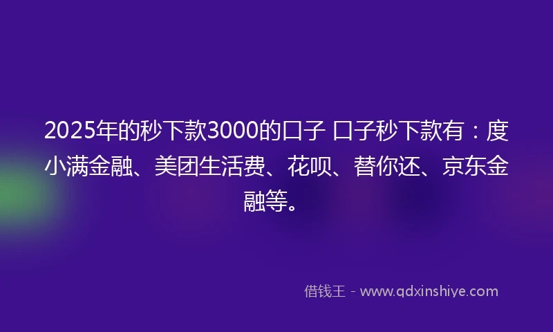 2025年的秒下款3000的口子 口子秒下款有：度小满金融、美团生活费、花呗、替你还、京东金融等。