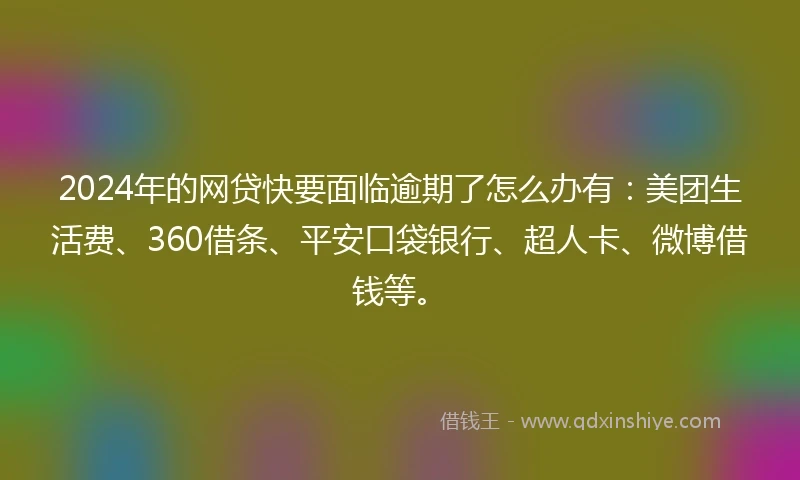 2024年的网贷快要面临逾期了怎么办有：美团生活费、360借条、平安口袋银行、超人卡、微博借钱等。