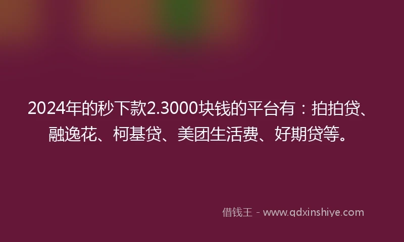 2024年的秒下款2.3000块钱的平台有：拍拍贷、融逸花、柯基贷、美团生活费、好期贷等。
