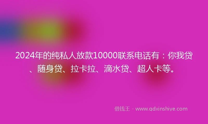 2024年的纯私人放款10000联系电话有：你我贷、随身贷、拉卡拉、滴水贷、超人卡等。