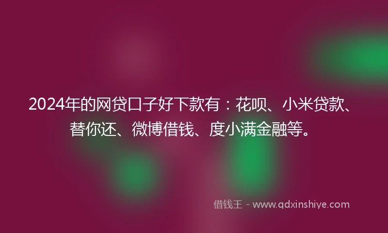 2024年的网贷口子好下款有：花呗、小米贷款、替你还、微博借钱、度小满金融等。