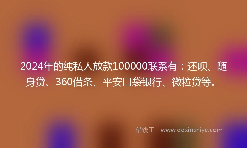 2024年的纯私人放款100000联系有：还呗、随身贷、360借条、平安口袋银行、微粒贷等。