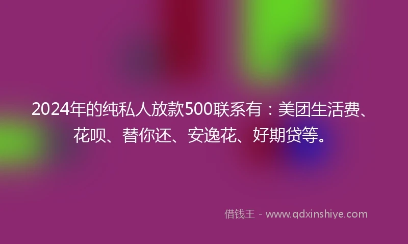 2024年的纯私人放款500联系有：美团生活费、花呗、替你还、安逸花、好期贷等。
