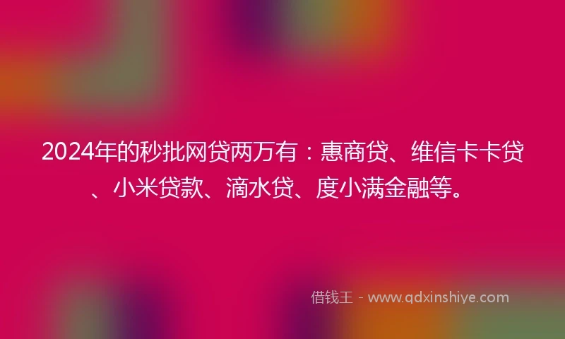 2024年的秒批网贷两万有：惠商贷、维信卡卡贷、小米贷款、滴水贷、度小满金融等。