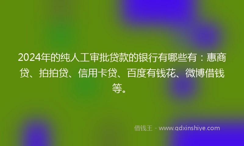 2024年的纯人工审批贷款的银行有哪些有：惠商贷、拍拍贷、信用卡贷、百度有钱花、微博借钱等。