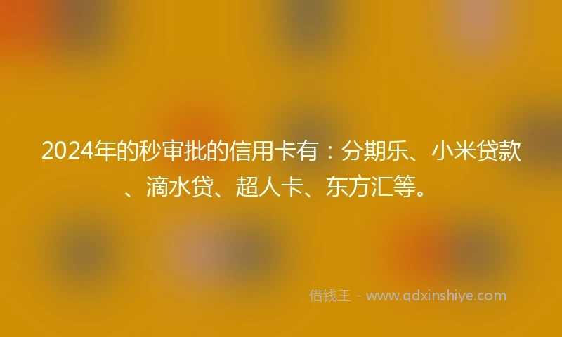 2024年的秒审批的信用卡有：分期乐、小米贷款、滴水贷、超人卡、东方汇等。