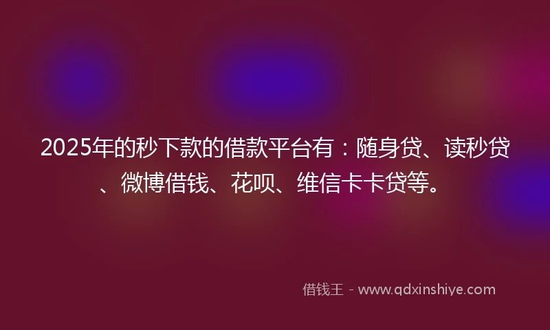 2025年的秒下款的借款平台有:随身贷、读秒贷、微博借钱、花呗、维信卡卡贷等。