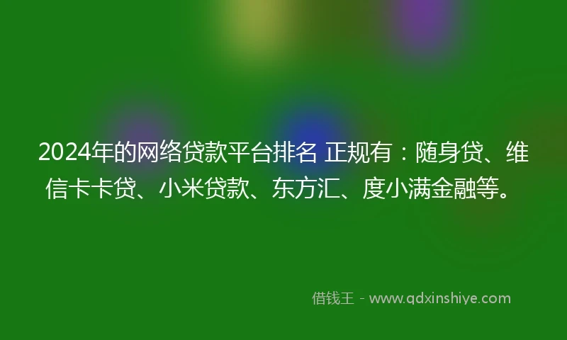 2024年的网络贷款平台排名 正规有：随身贷、维信卡卡贷、小米贷款、东方汇、度小满金融等。