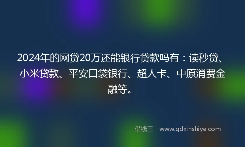 2024年的网贷20万还能银行贷款吗有：读秒贷、小米贷款、平安口袋银行、超人卡、中原消费金融等。