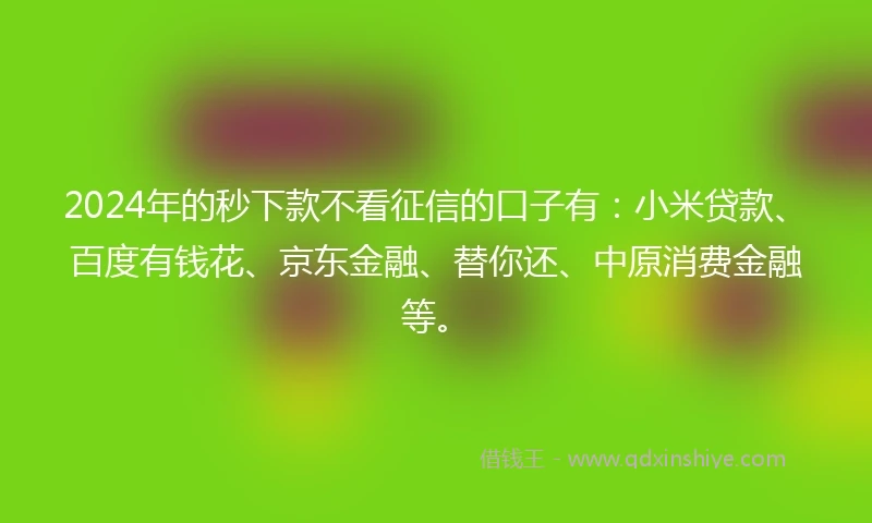 2024年的秒下款不看征信的口子有：小米贷款、百度有钱花、京东金融、替你还、中原消费金融等。
