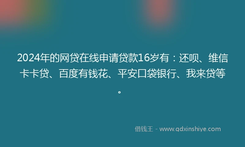 2024年的网贷在线申请贷款16岁有：还呗、维信卡卡贷、百度有钱花、平安口袋银行、我来贷等。