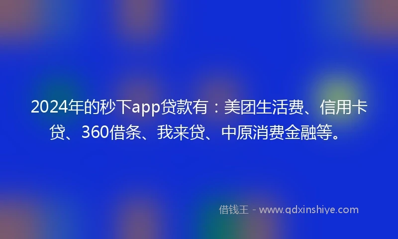 2024年的秒下app贷款有：美团生活费、信用卡贷、360借条、我来贷、中原消费金融等。