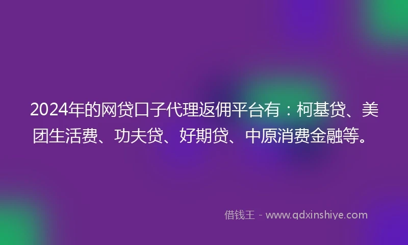 2024年的网贷口子代理返佣平台有：柯基贷、美团生活费、功夫贷、好期贷、中原消费金融等。