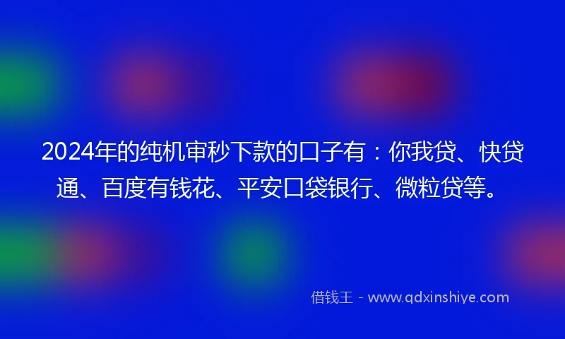 2024年的纯机审秒下款的口子有：你我贷、快贷通、百度有钱花、平安口袋银行、微粒贷等。