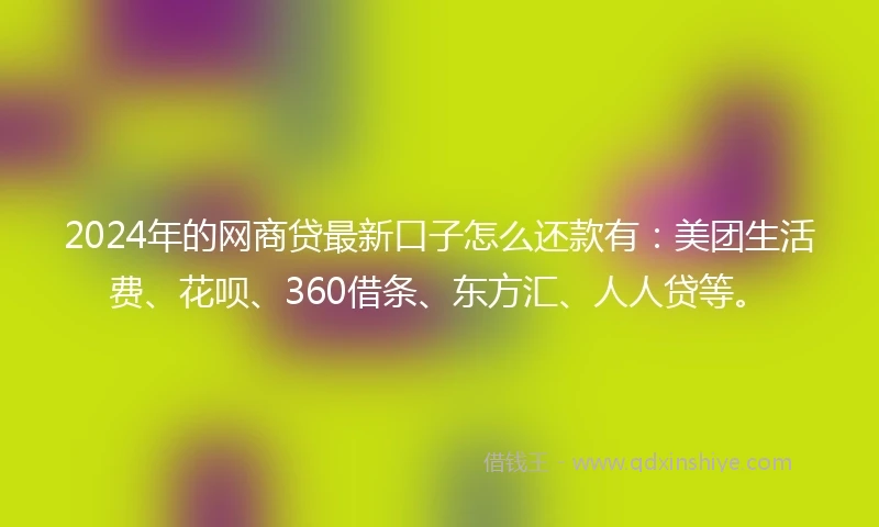 2024年的网商贷最新口子怎么还款有:美团生活费、花呗、360借条、东方汇、人人贷等。